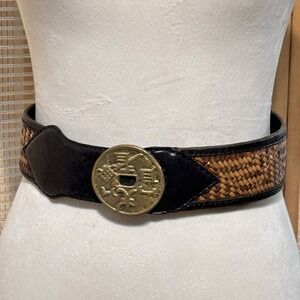 Sz S Brown Braided Leather Belt Large Round Brass Buckle Boho Chinese Letters